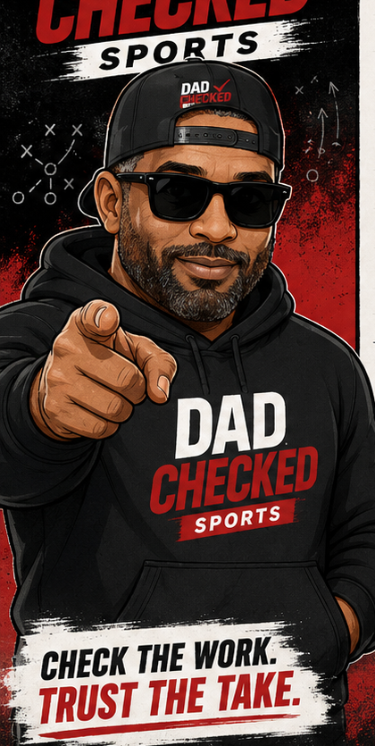 Dad Checked Sports mascot pointing toward the viewer